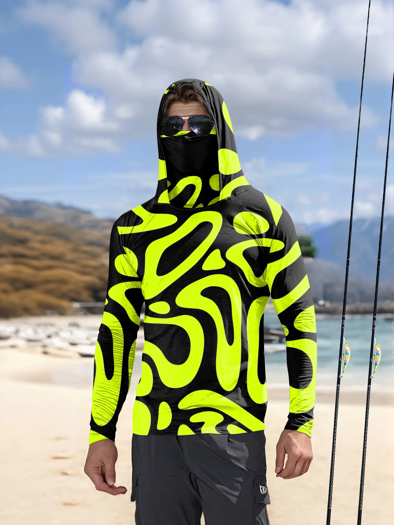 Fishing Mask Sun Protection - Men's Neon Green Abstract Print Hooded