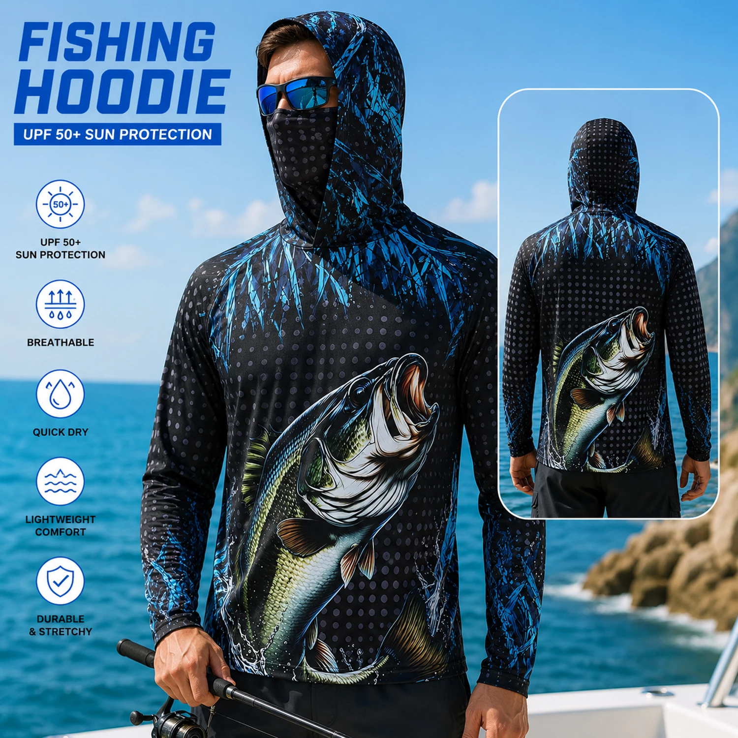 Men UPF50+ Fishing Hoodie with - Fishing Mask Sun Protection ulasan dan harga