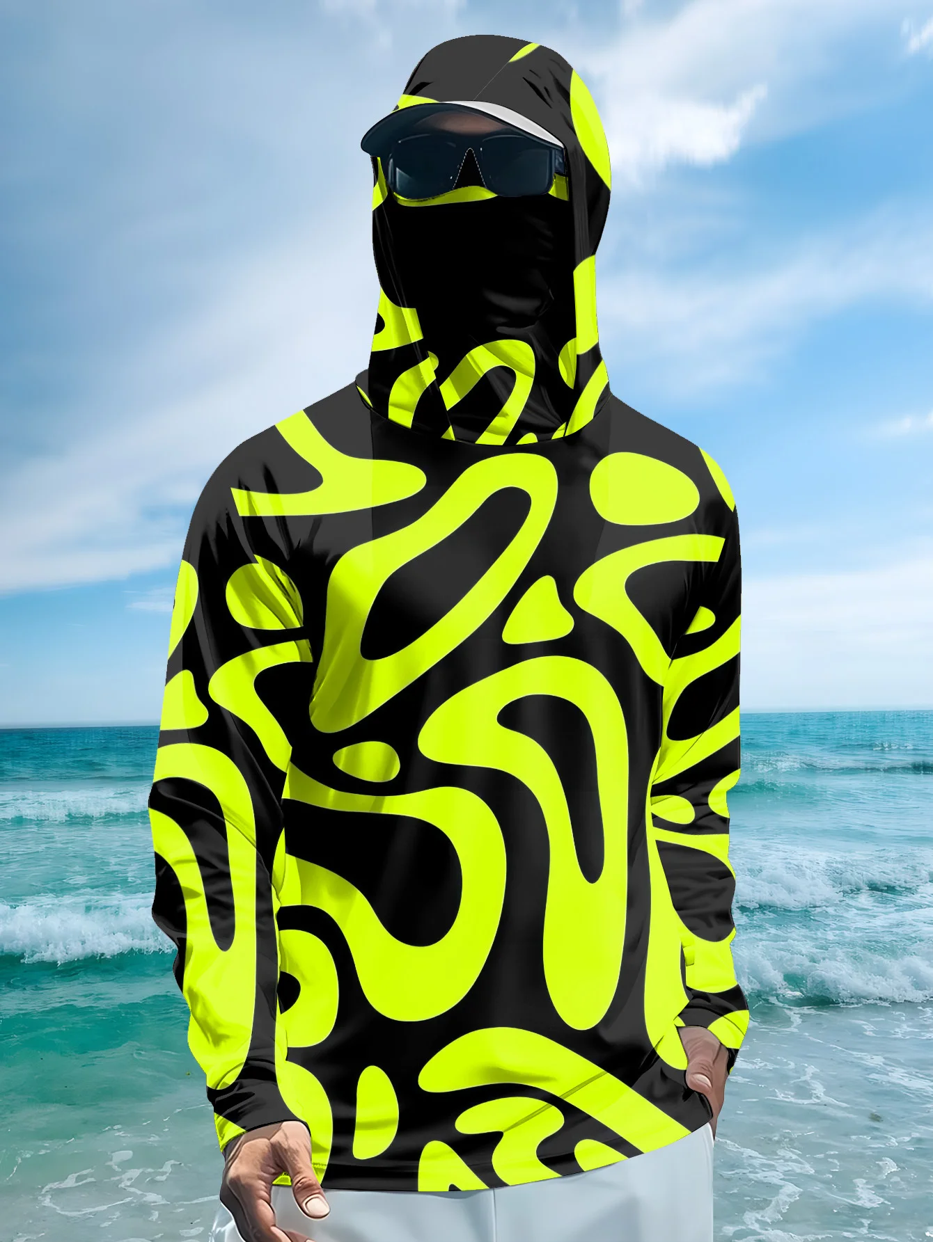 Men's Neon Green Abstract Prin - Fishing Mask Sun Protection ulasan dan harga